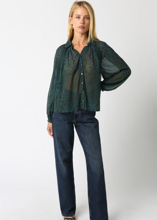 The Pink Door Peacock Print Blouse Green