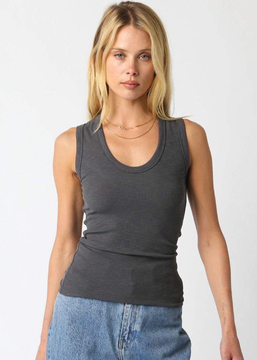 The Pink Door Ribbed Scoop Neck Tank Grey