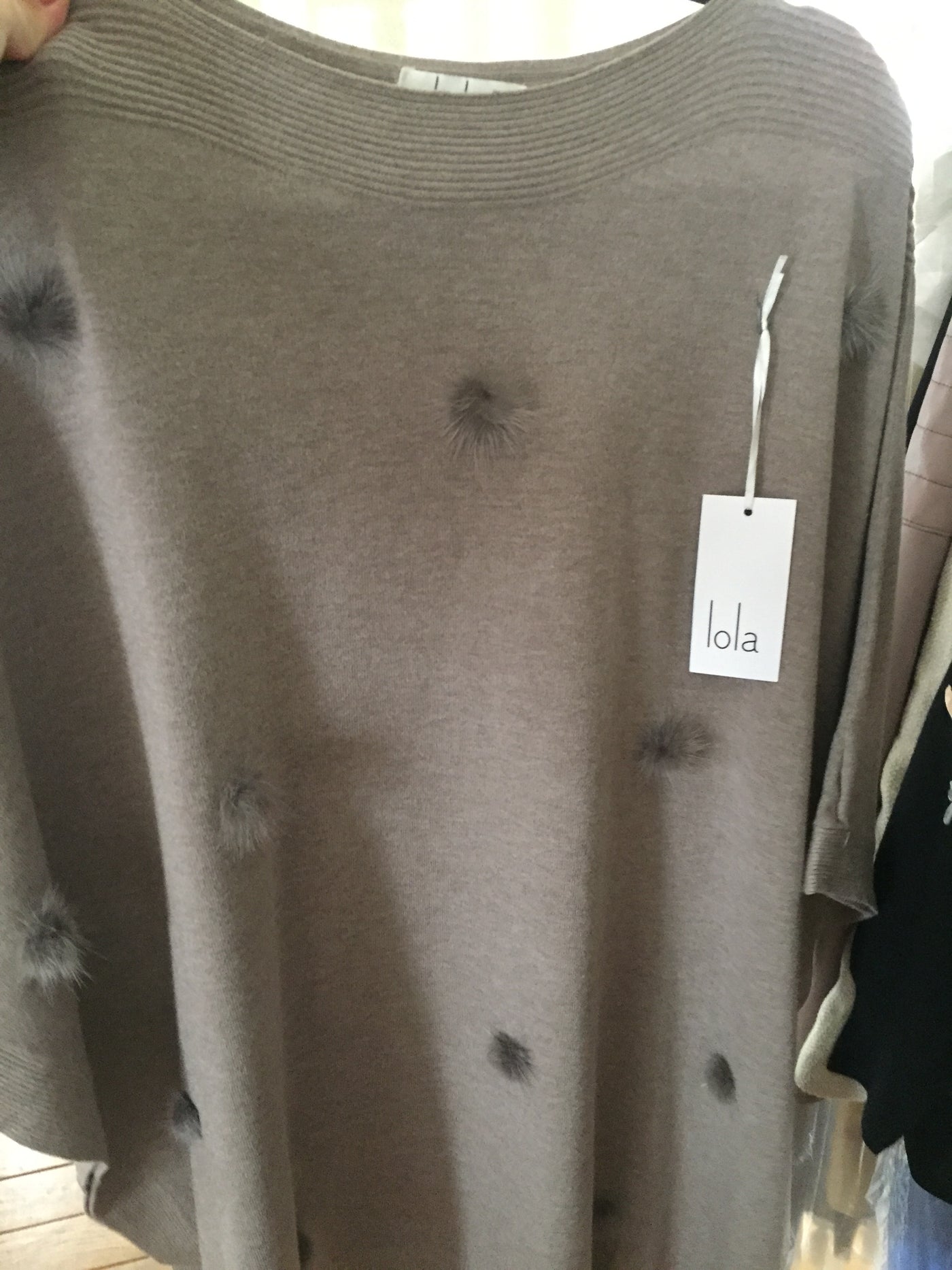 Lola Taupe Poncho with fur pompoms