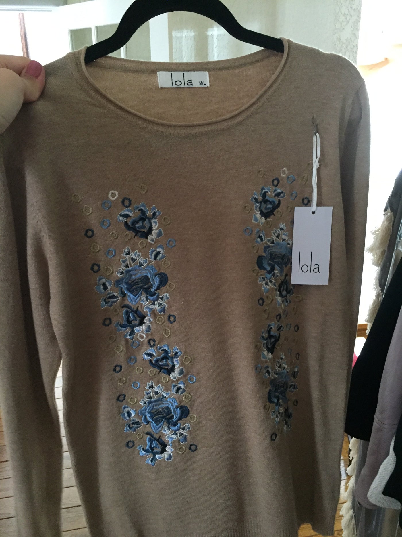Taupe sweater with flowers