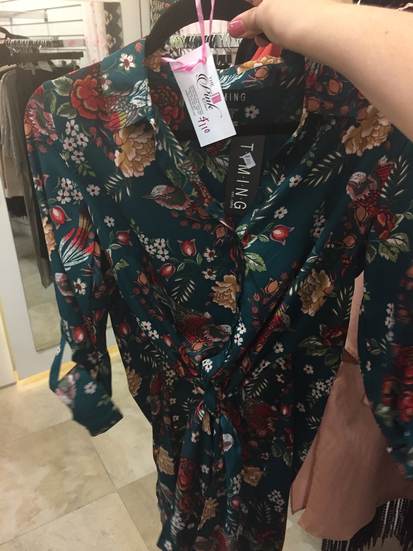 Green Bird Design Long Button Up Blouse