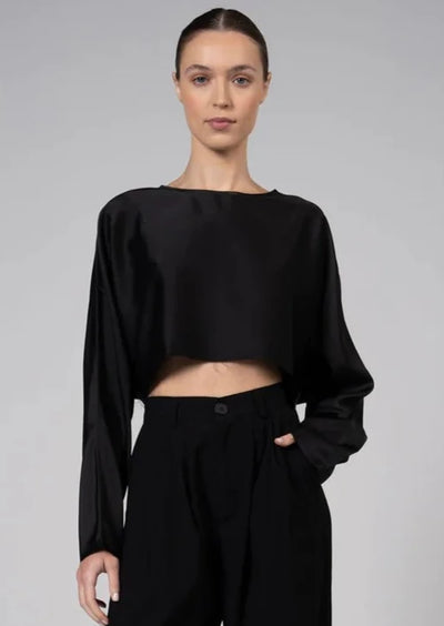 NONCHALANT Emilia Silky Raw Edge Crop Top - Black