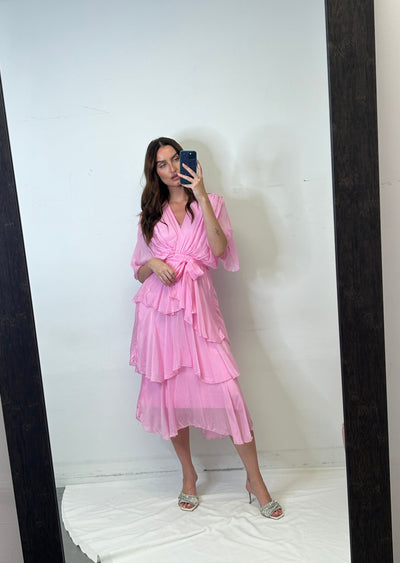 The Pink Door Long Silky Ruffle Crossover Floral Dress - Pink