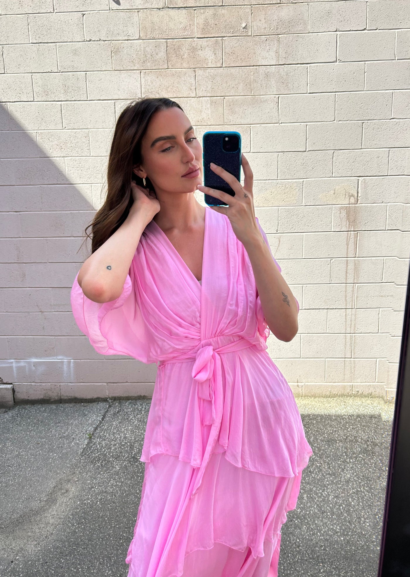 The Pink Door Long Silky Ruffle Crossover Floral Dress - Pink