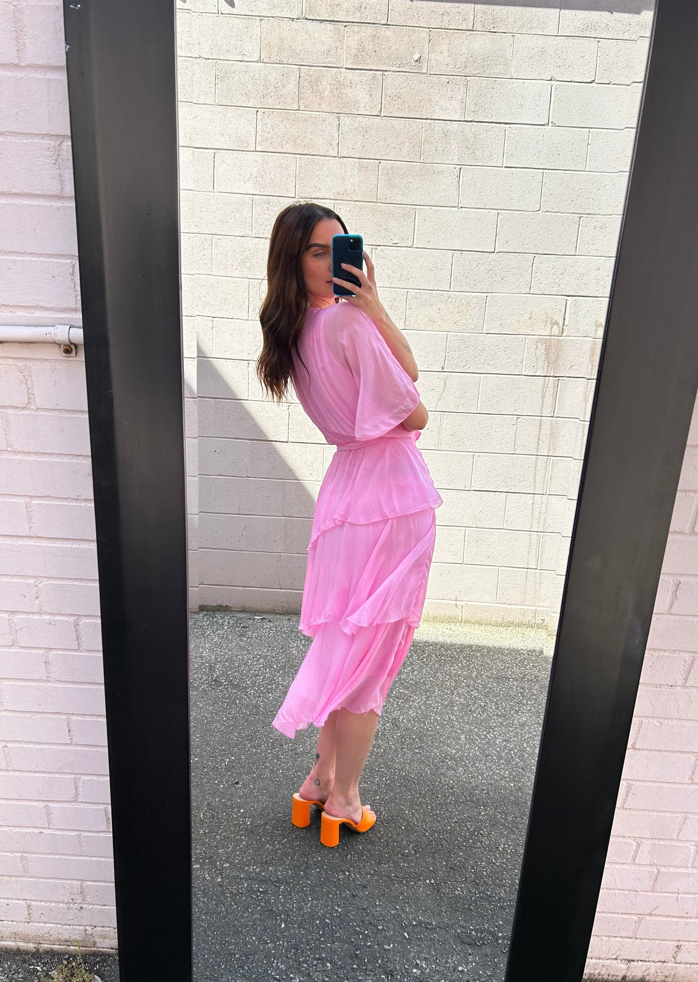 The Pink Door Long Silky Ruffle Crossover Floral Dress - Pink
