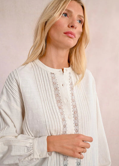 Molly Bracken Pleated Blouse w/ Lace Detail White