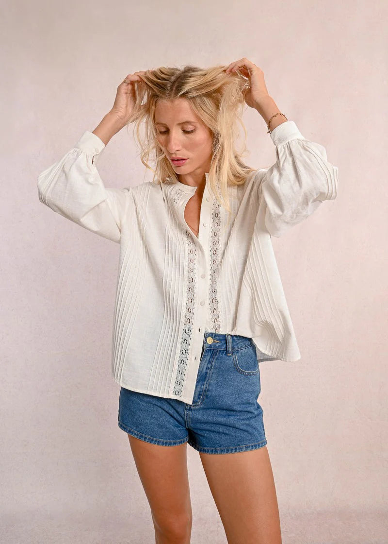 Molly Bracken Pleated Blouse w/ Lace Detail White
