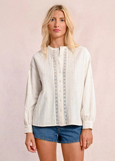 Molly Bracken Pleated Blouse w/ Lace Detail White