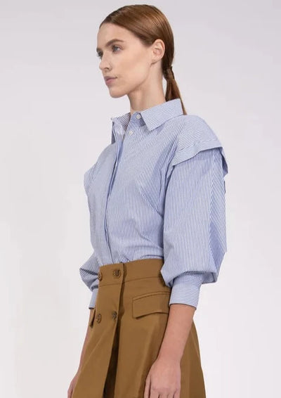 NONCHALANT Helga Padded Shoulder Button Up Shirt - Blue Stripe