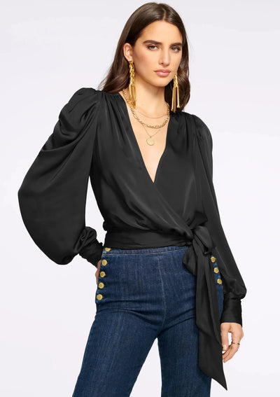 Ramy Brook Pauline Puff Sleeve Satin Blouse - Black