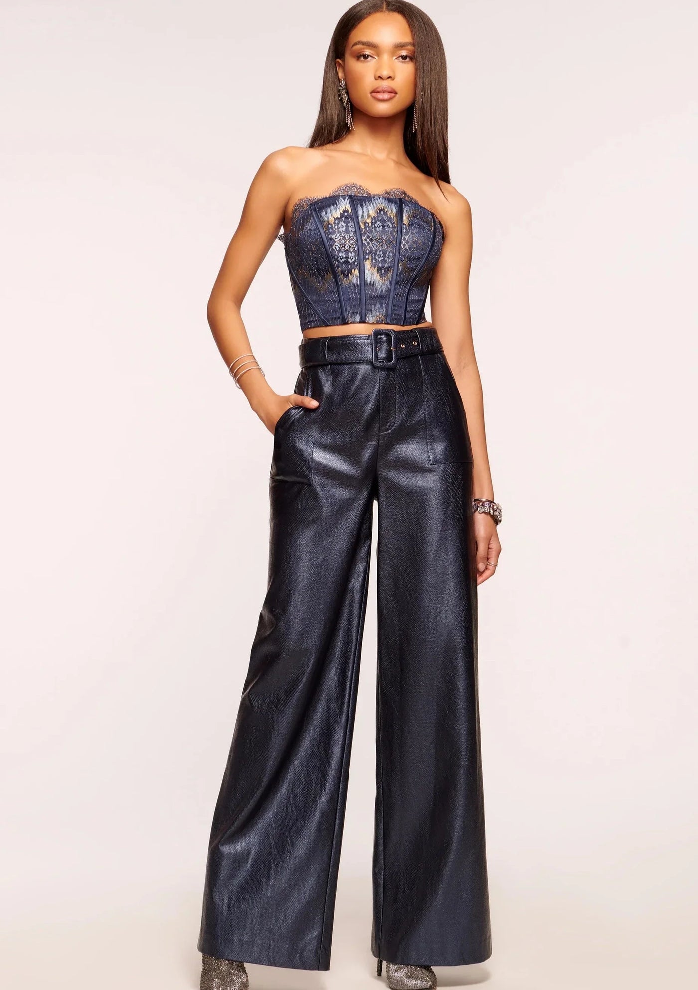 Navy faux leather trousers clearance