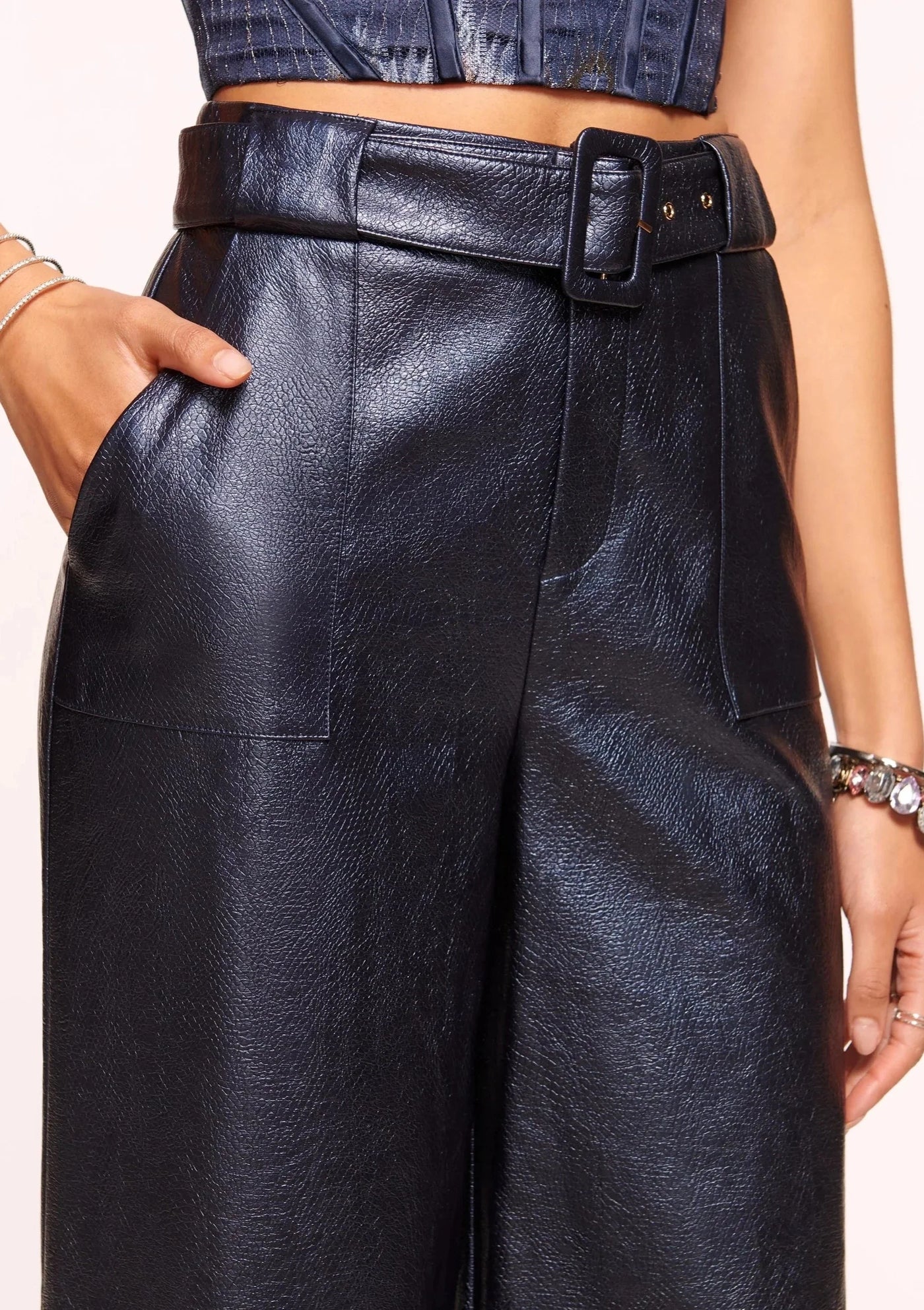 Ramy Brook Bella Wide Leg Faux Leather Trousers - Navy