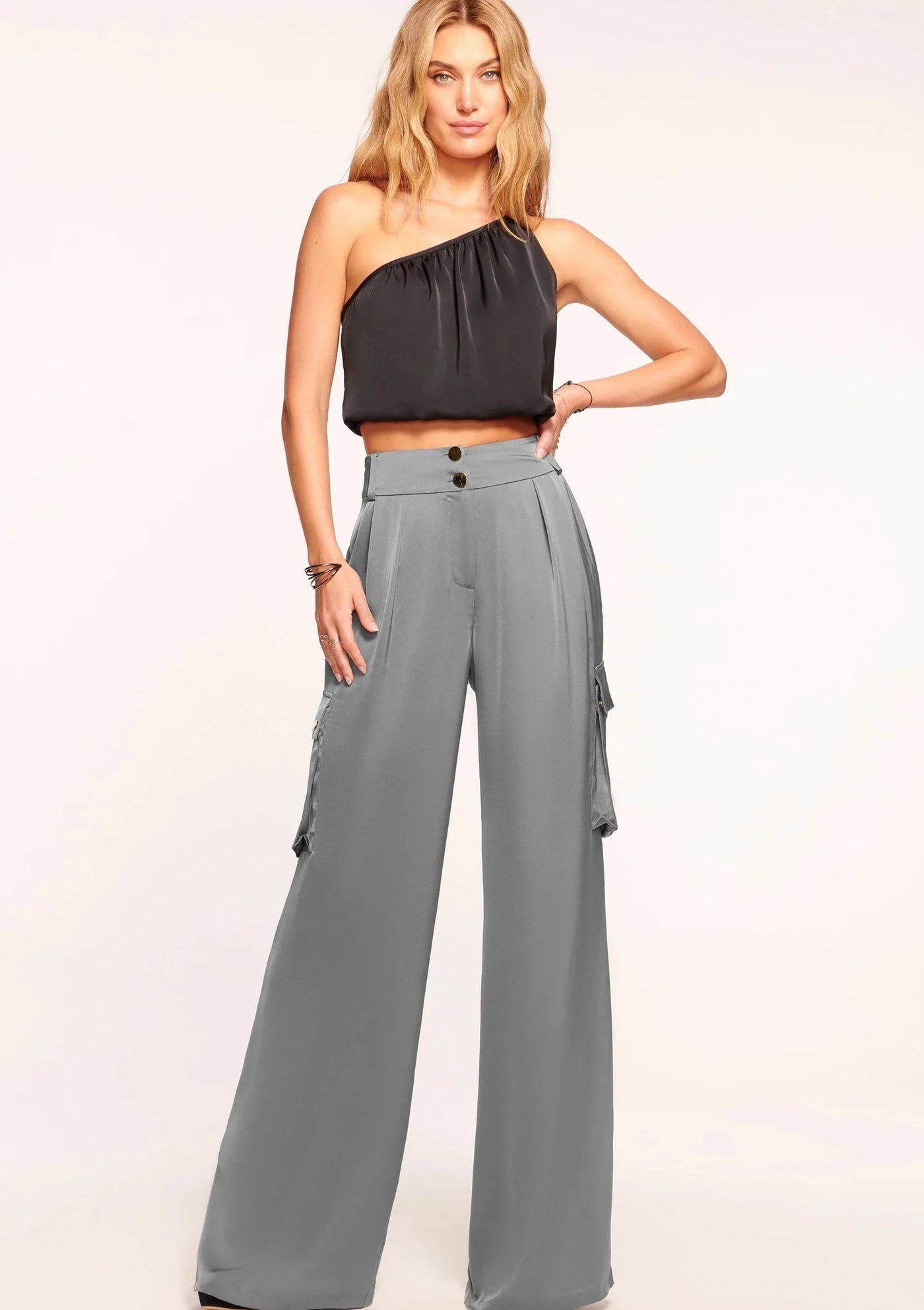 Ramy Brook Rumer Wide Leg Satin Cargo Pants - Slate Grey