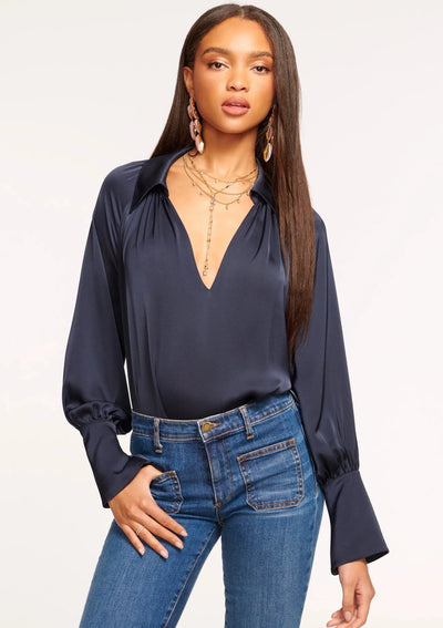 Ramy Brook Lyla V-neck Satin Blouse - Navy