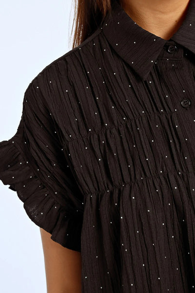 Molly Bracken Sparkle Ruched Detail Shirt Dress - Black