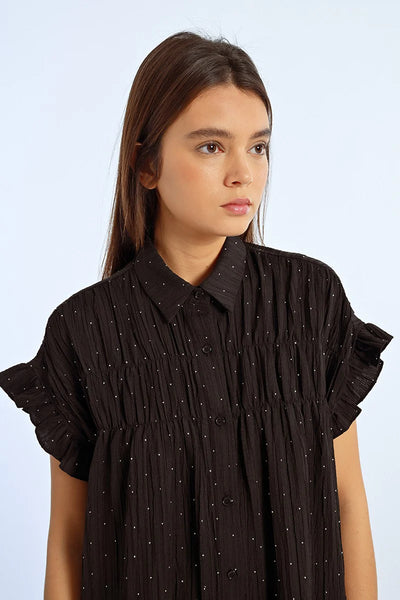 Molly Bracken Sparkle Ruched Detail Shirt Dress - Black