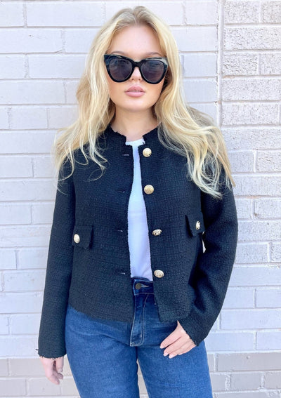 Gold Button Tweed Jacket - Black 