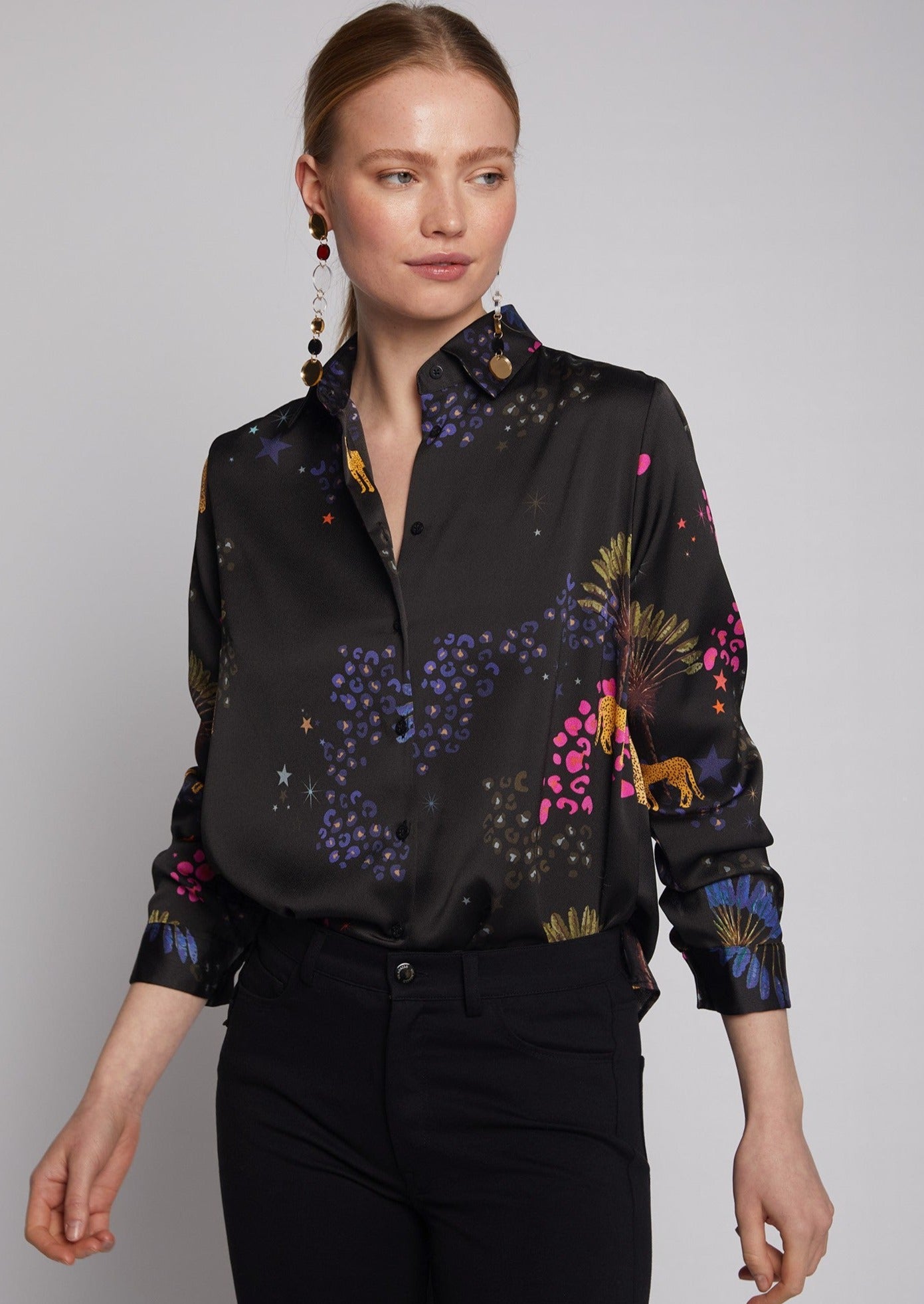 Vilagallo Isabella Leopard Print Shirt - Black/Multi