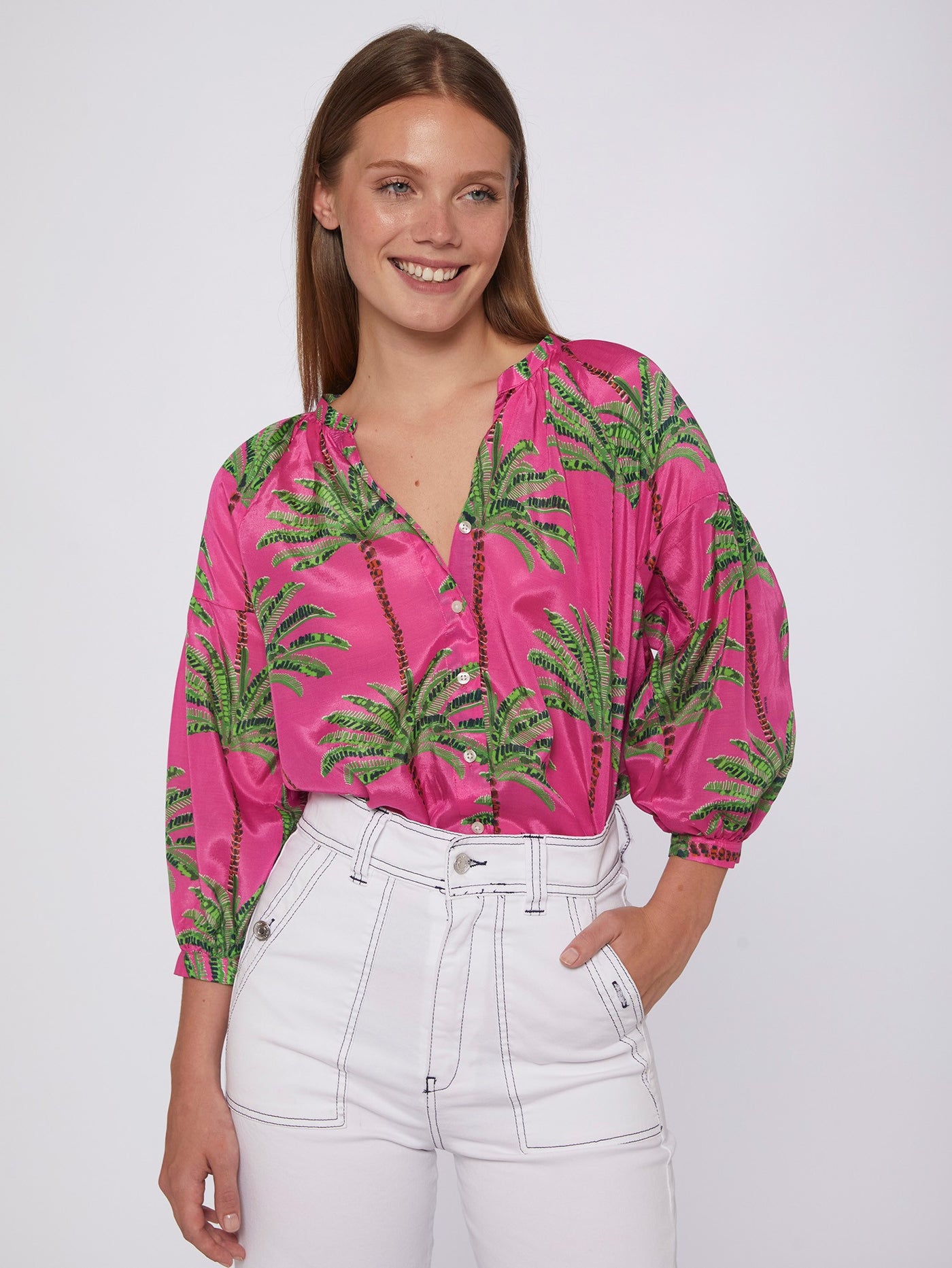 Vilagallo Mabel Palm Print Pink Blouse