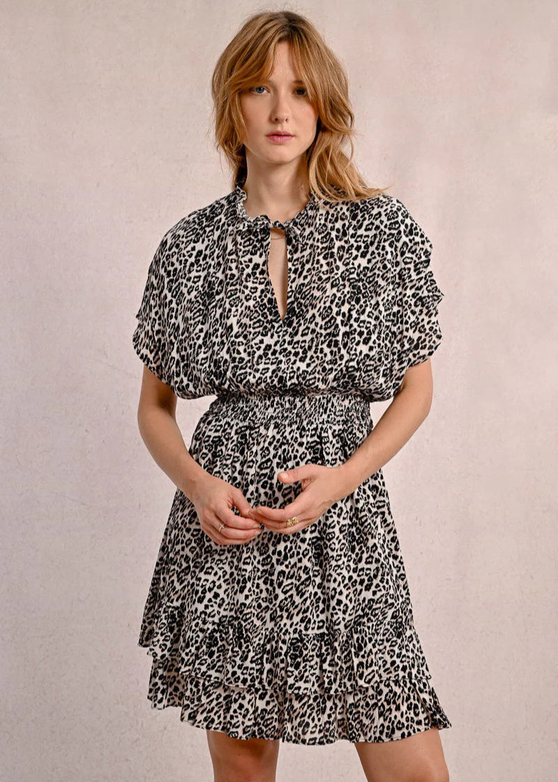 Molly Bracken Leopard Print Short Dress w/ Ruffles