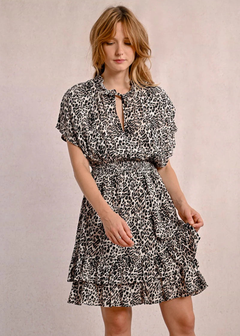 Molly Bracken Leopard Print Short Dress w/ Ruffles
