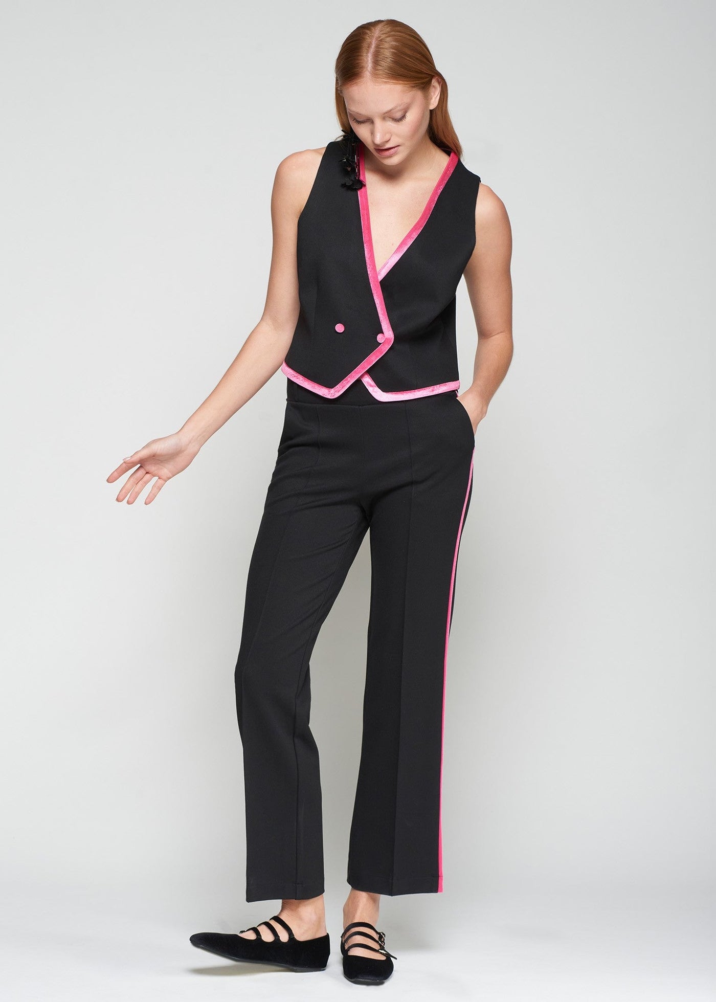 Vilagallo Tatiana Ponte Pant w/ Pink Velvet Stripe Black