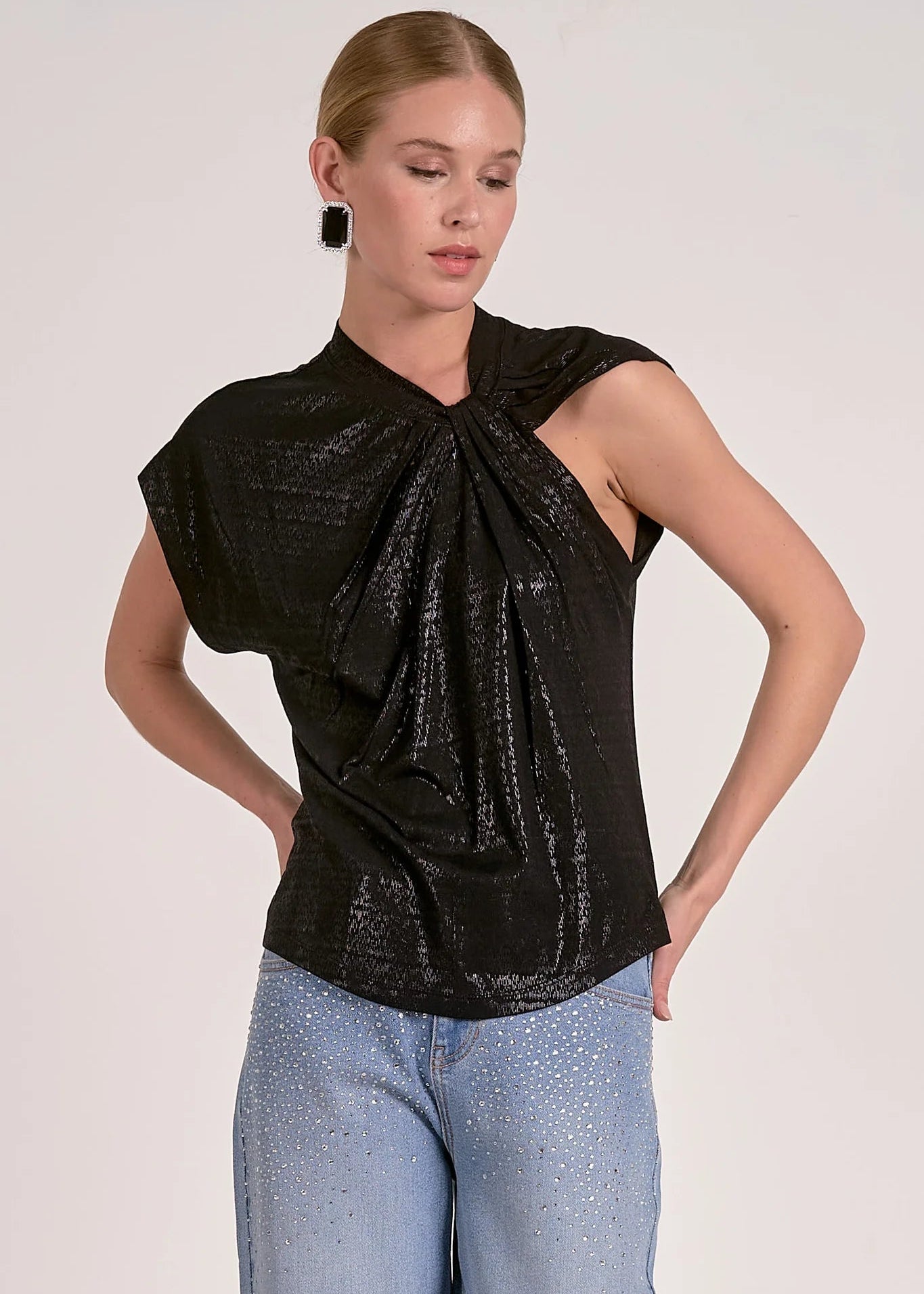 The Pink Door Shimmer Front Twist Sleeveless Top Black