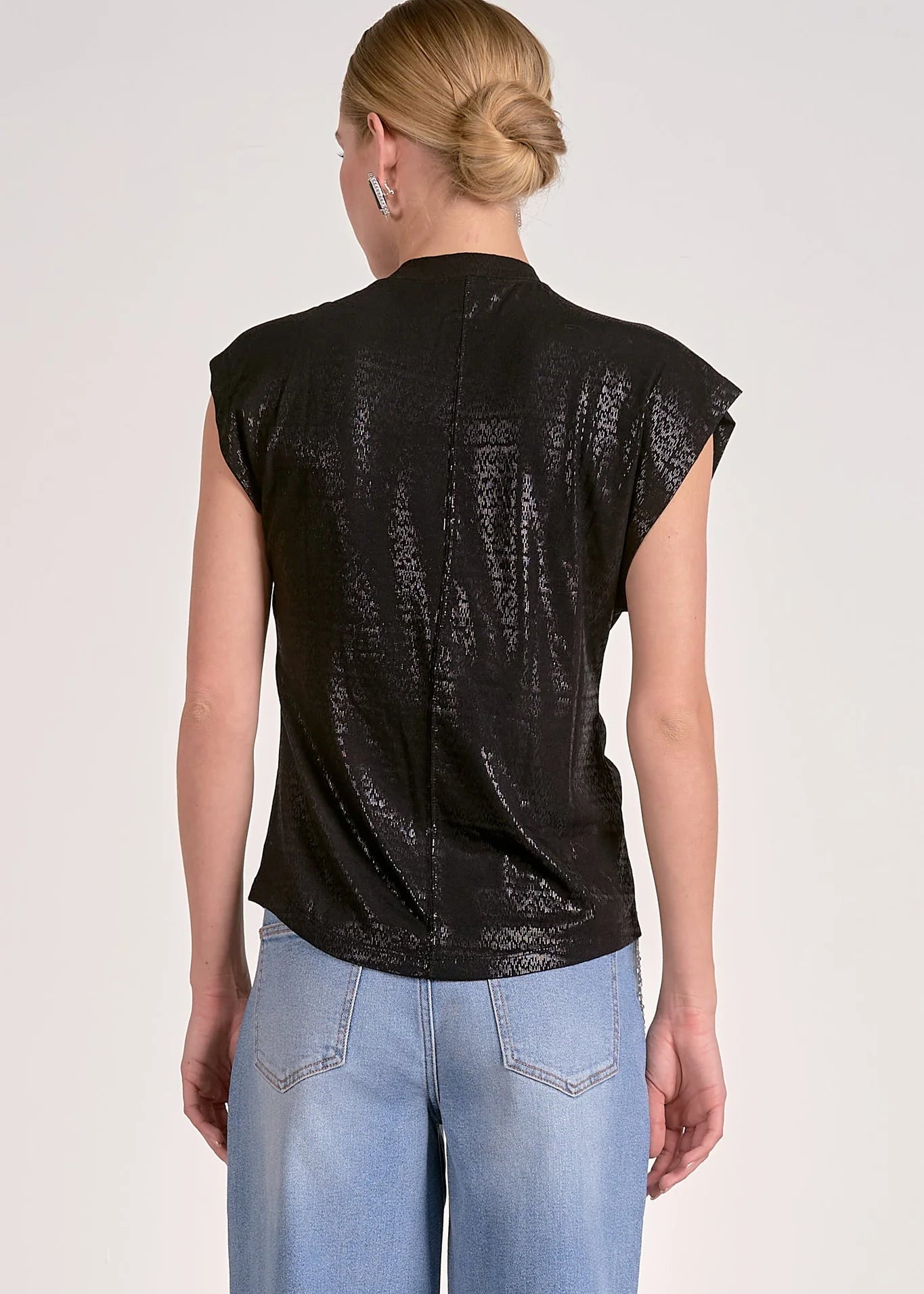 The Pink Door Shimmer Front Twist Sleeveless Top Black