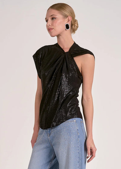 The Pink Door Shimmer Front Twist Sleeveless Top Black