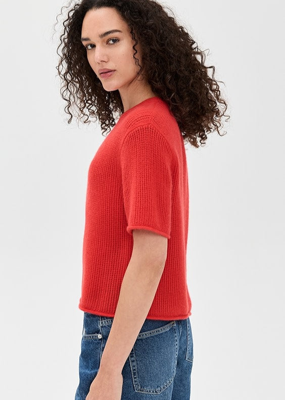 White + Warren 100% Cashmere Waffle Mesh Tee Red Sweater