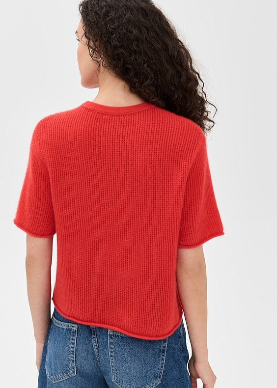 White + Warren 100% Cashmere Waffle Mesh Tee Red Sweater
