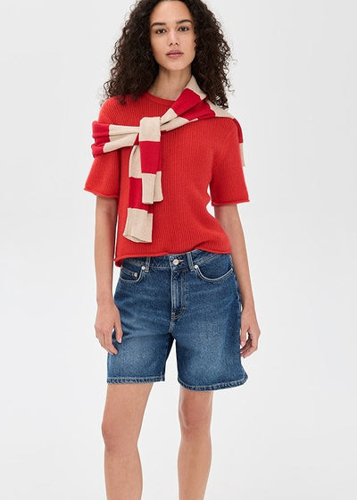 White + Warren 100% Cashmere Waffle Mesh Tee Red Sweater
