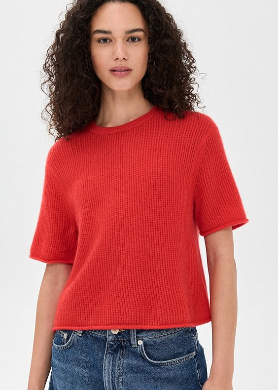 White + Warren 100% Cashmere Waffle Mesh Tee Red Sweater