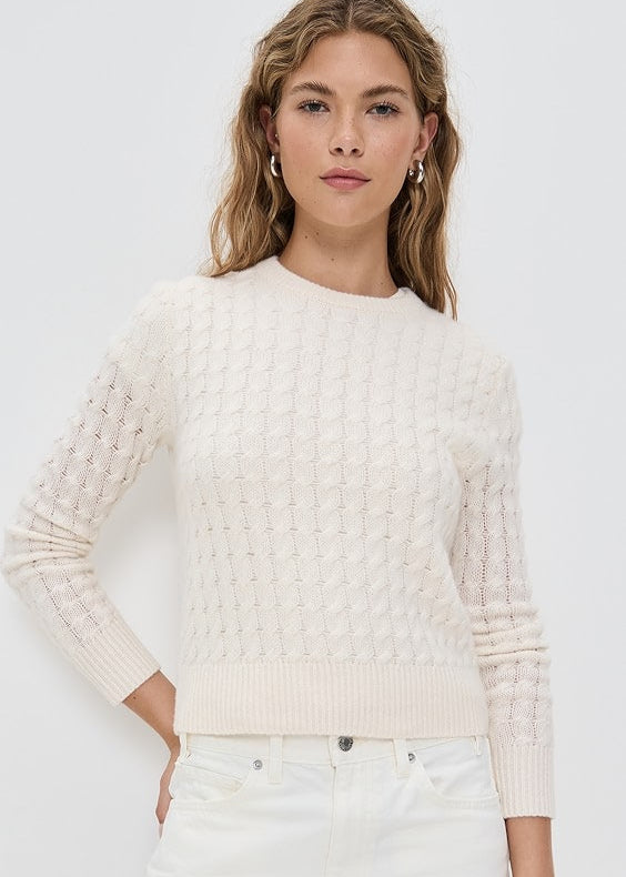 White + Warren 100% Cashmere Cable Shrunken Crew Soft White Sweater