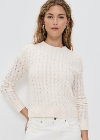 White + Warren 100% Cashmere Cable Shrunken Crew Soft White Sweater