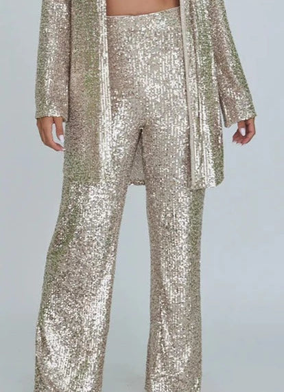 The Pink Door Sequin Wide Leg Pants - Champagne