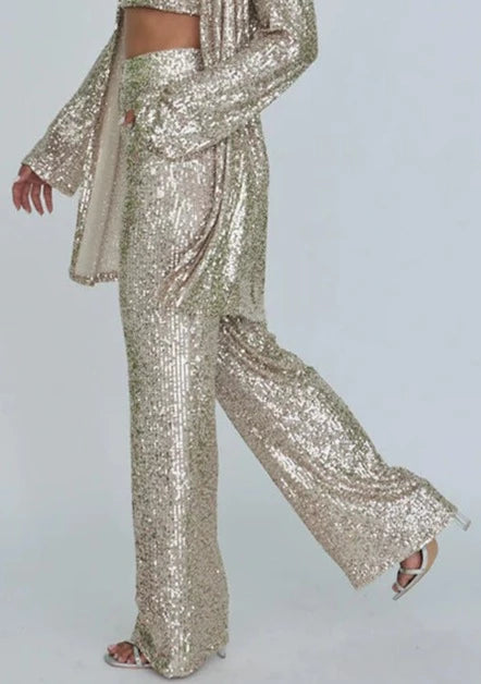 The Pink Door Sequin Wide Leg Pants - Champagne