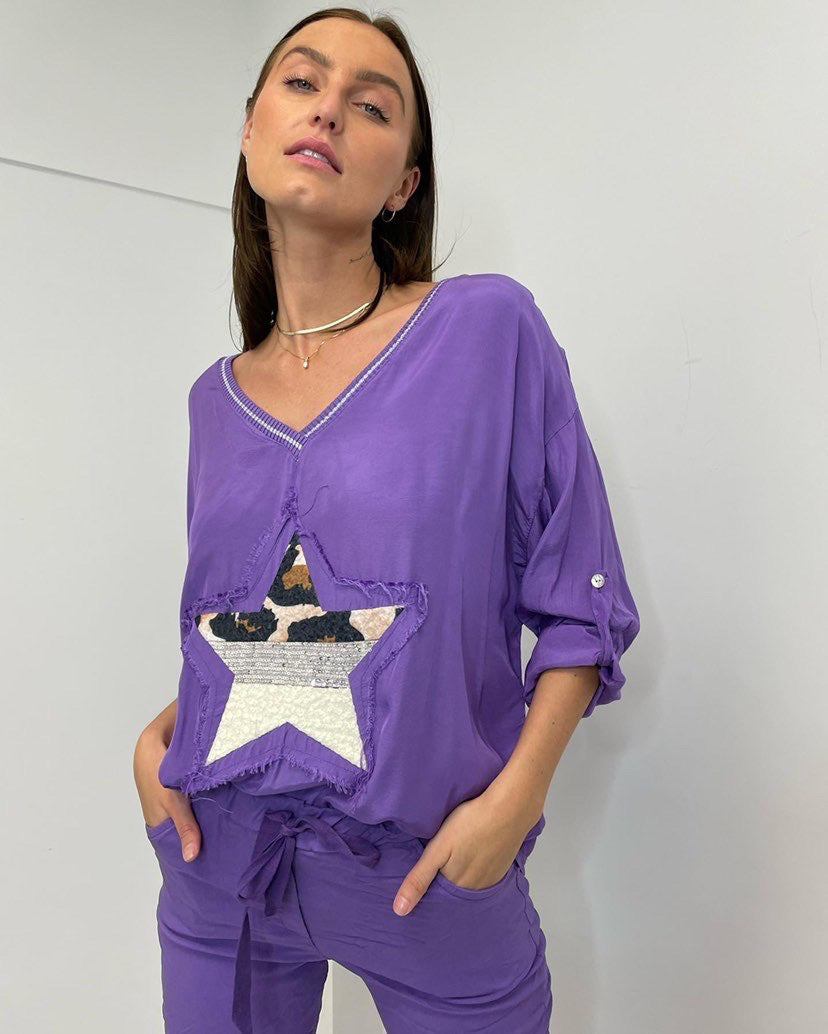 MINI V-neck Long Sleeve Star Top - Purple
