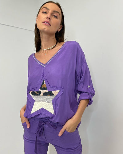 MINI V-neck Long Sleeve Star Top - Purple