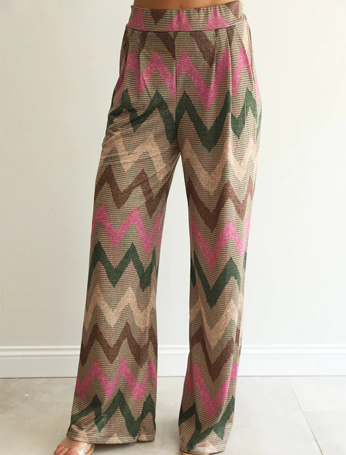 The Pink Door Colourful Zig Zag Print Pants - Beige
