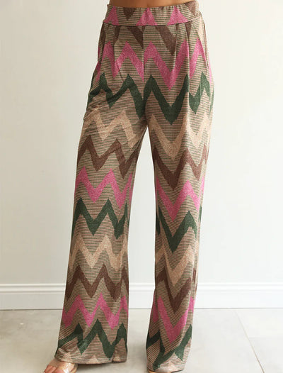 The Pink Door Colourful Zig Zag Print Pants - Beige