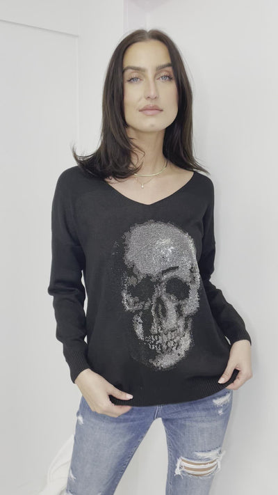 Venti V Neck Glitter Skull Sweater Black