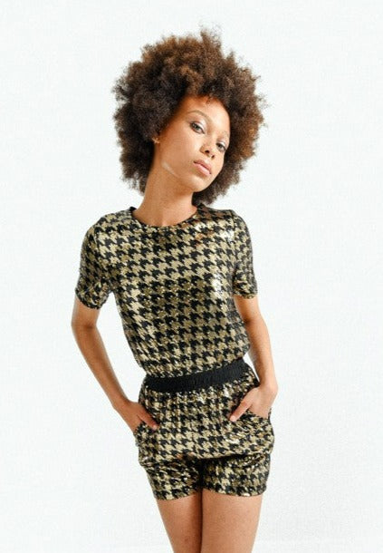 Molly Bracken Black & Gold S/S Sequin Top