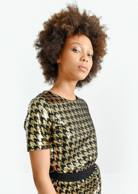Molly Bracken Black & Gold S/S Sequin Top