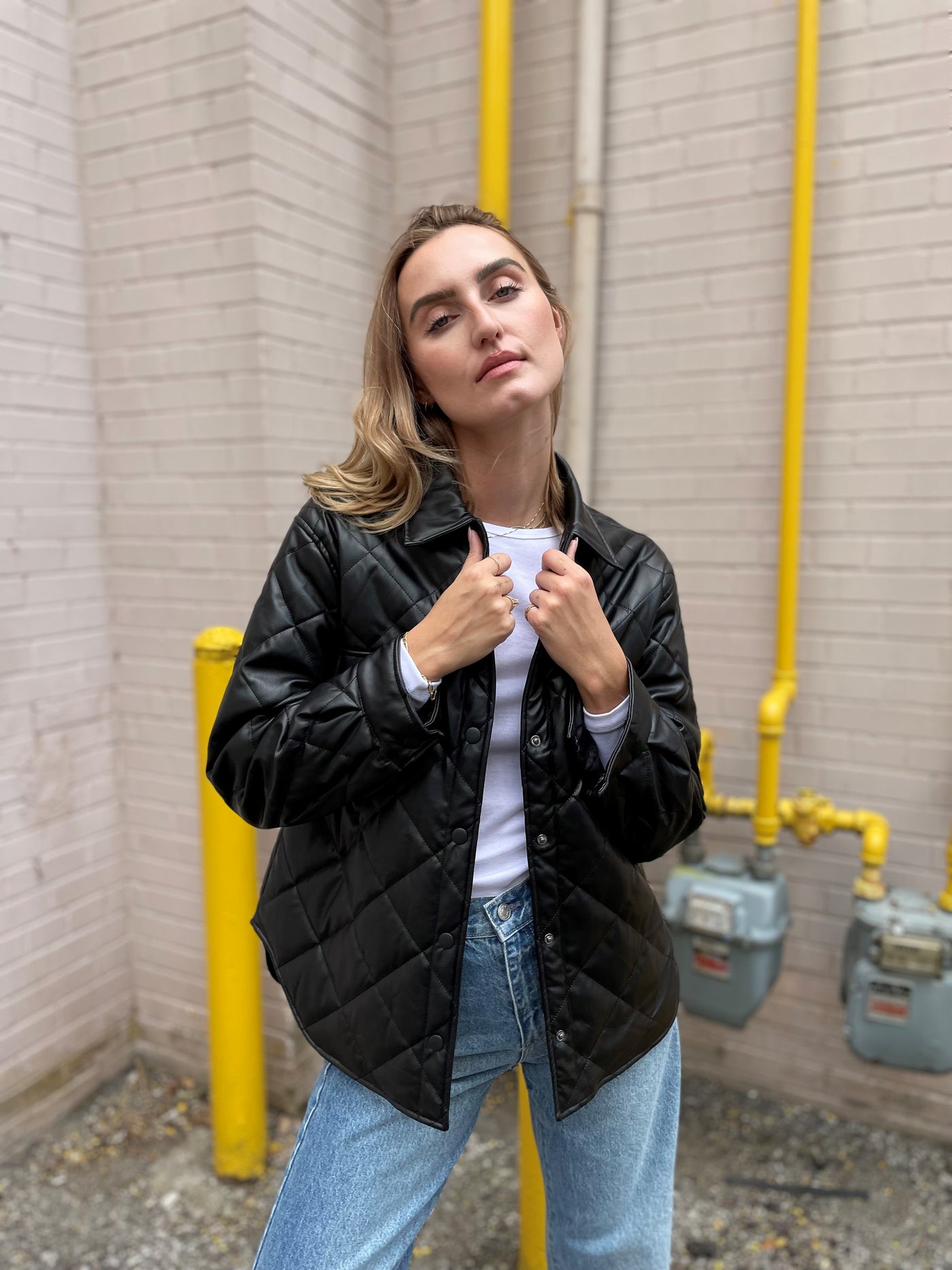 The Pink Door Quilted Faux Leather Shacket Black