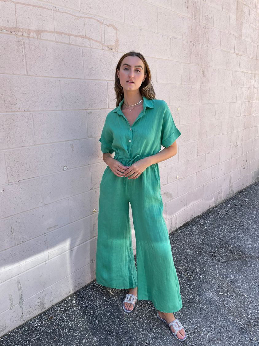 Made In Italy S/S Button Up Linen Jumpsuit - Green