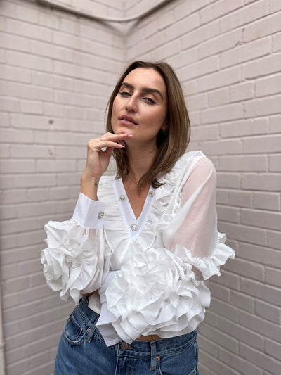 The Pink Door White Ruffle Rhinestone Top