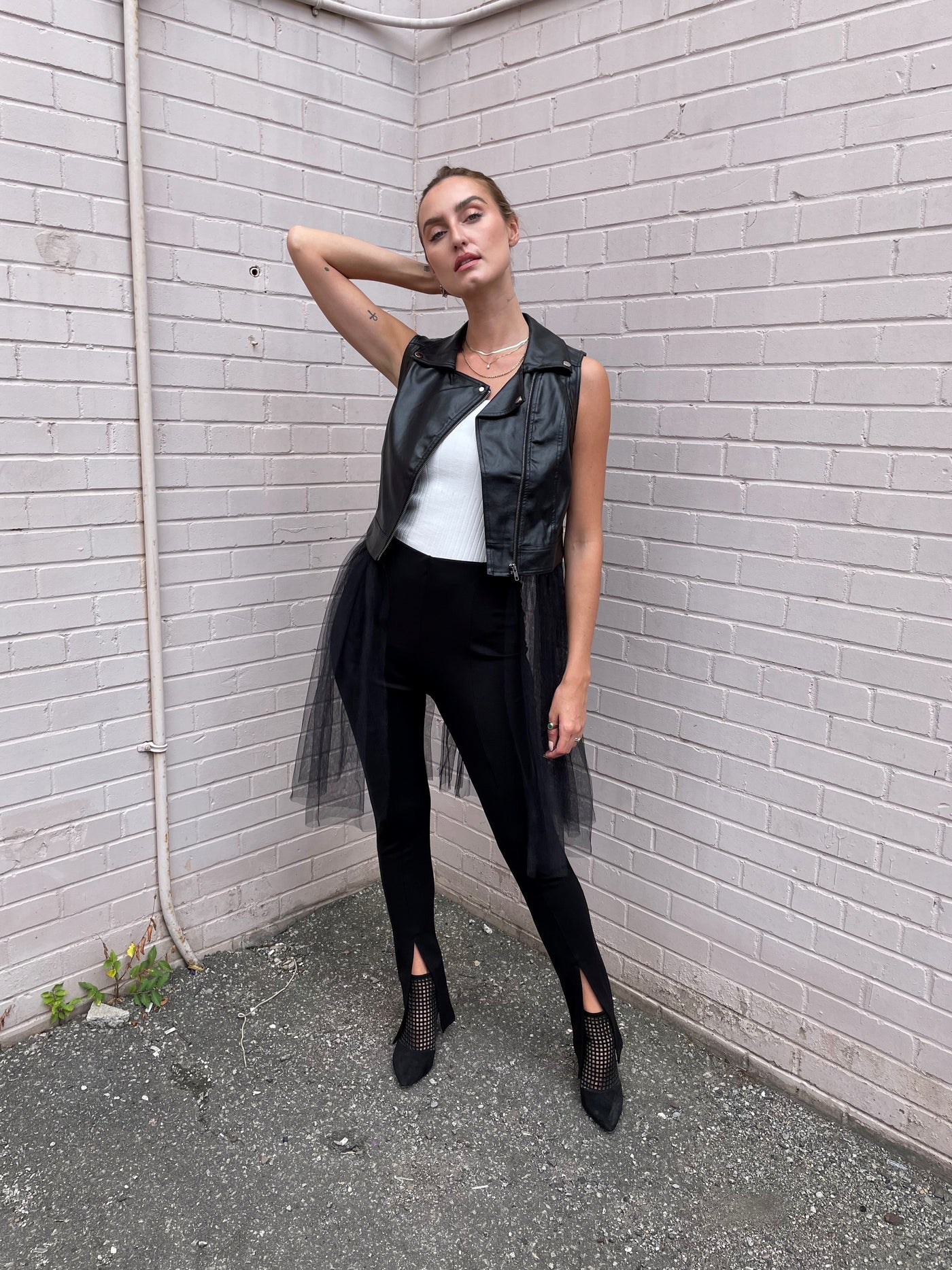 The Pink Door Faux Leather Vest w/ Tulle Trim
