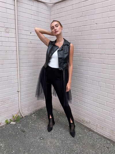 The Pink Door Faux Leather Vest w/ Tulle Trim