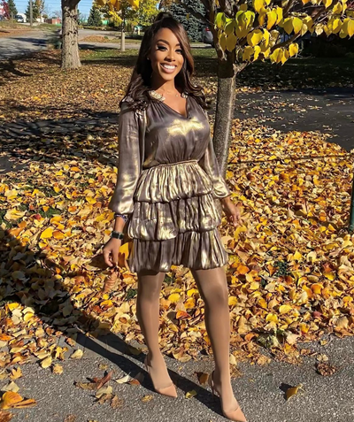 The Pink Door Gold Crossover Ruffle Dress